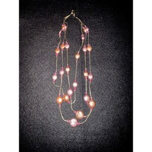 Vintage Pink/Peach Multi Strand Faux Pearl Beaded Necklace Gld Tone Triple Layer